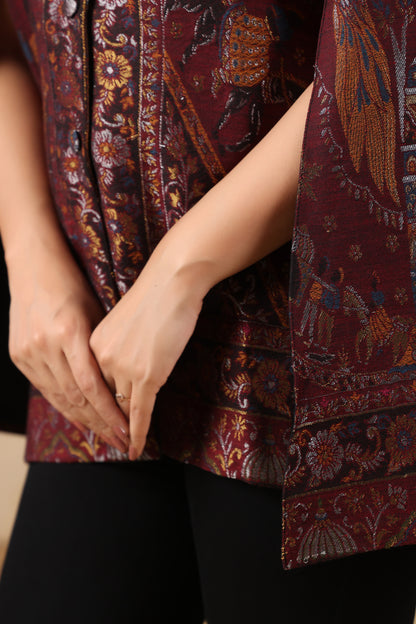 Women Woven Zari Darbar Royal Woollen Luxury Cape Jacket | Wine