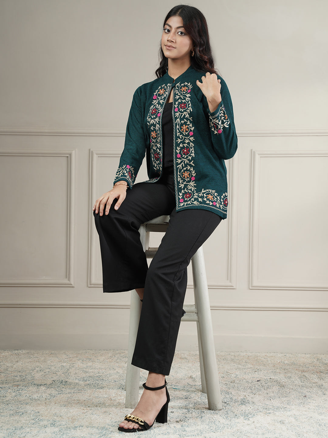 Knitted Short Shrug with Aari Embroidery | Teal
