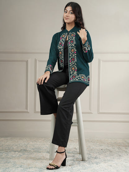 Knitted Short Shrug with Aari Embroidery | Teal