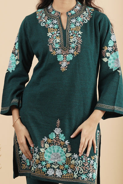 Floral Knitted Aari Embroidery Coord Set | Teal