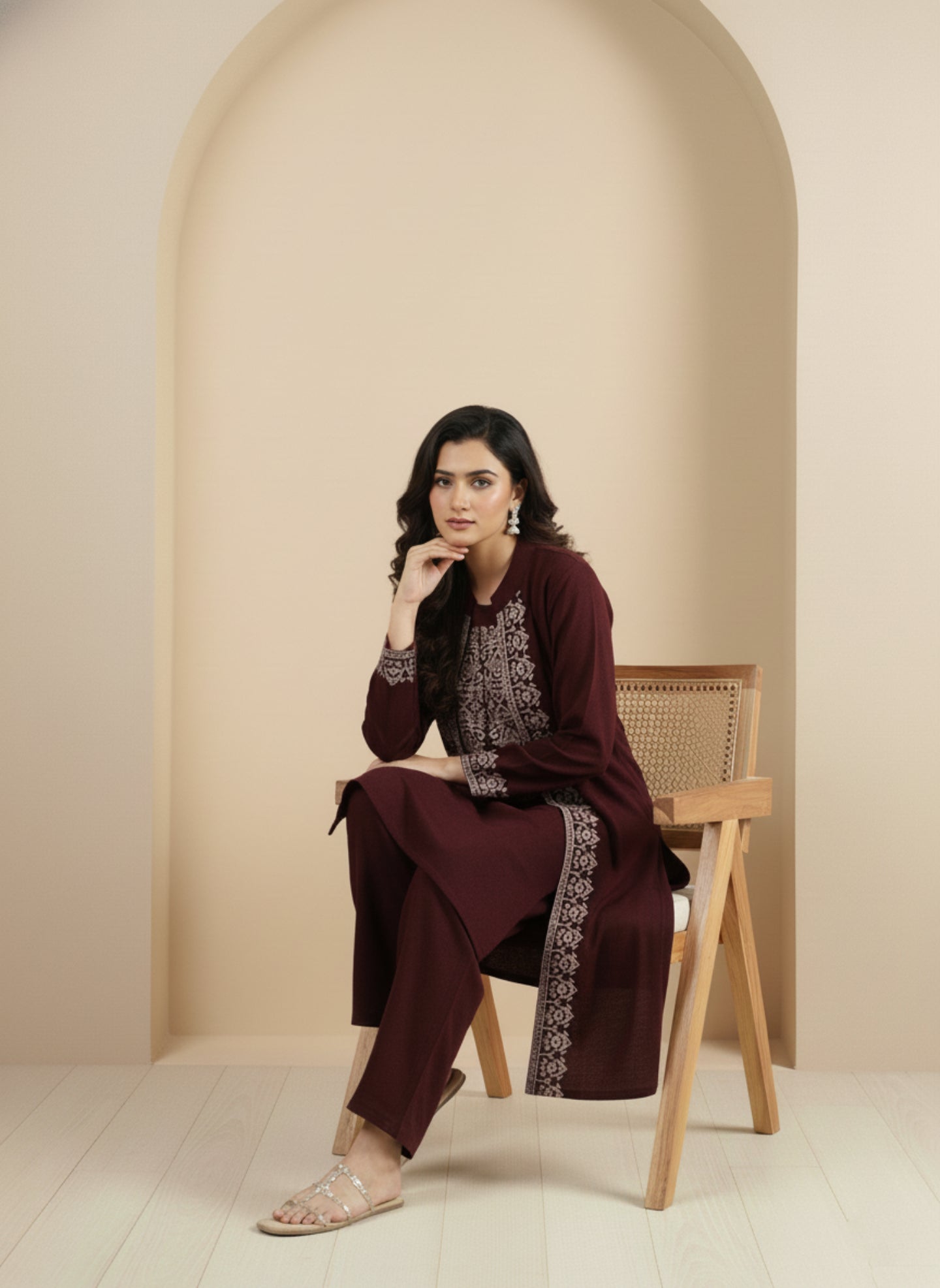 Three-Piece Woolen Knitted Coord Set | Maroon