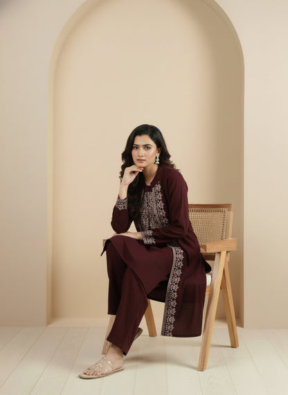 Three-Piece Woolen Knitted Coord Set | Maroon