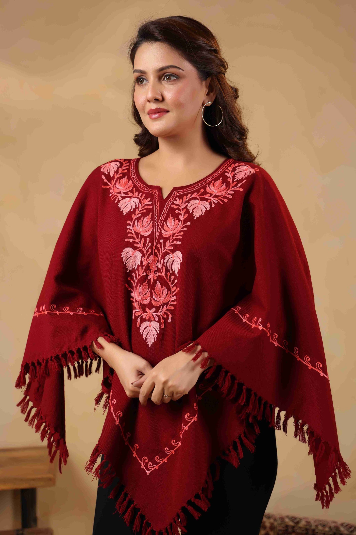 Woollen Poncho Top with Kashmiri Chinar Neck Hand Embroidery  and Inner Lining | Maroon