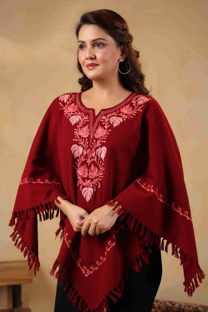 Woollen Poncho Top with Kashmiri Chinar Neck Hand Embroidery  and Inner Lining | Maroon