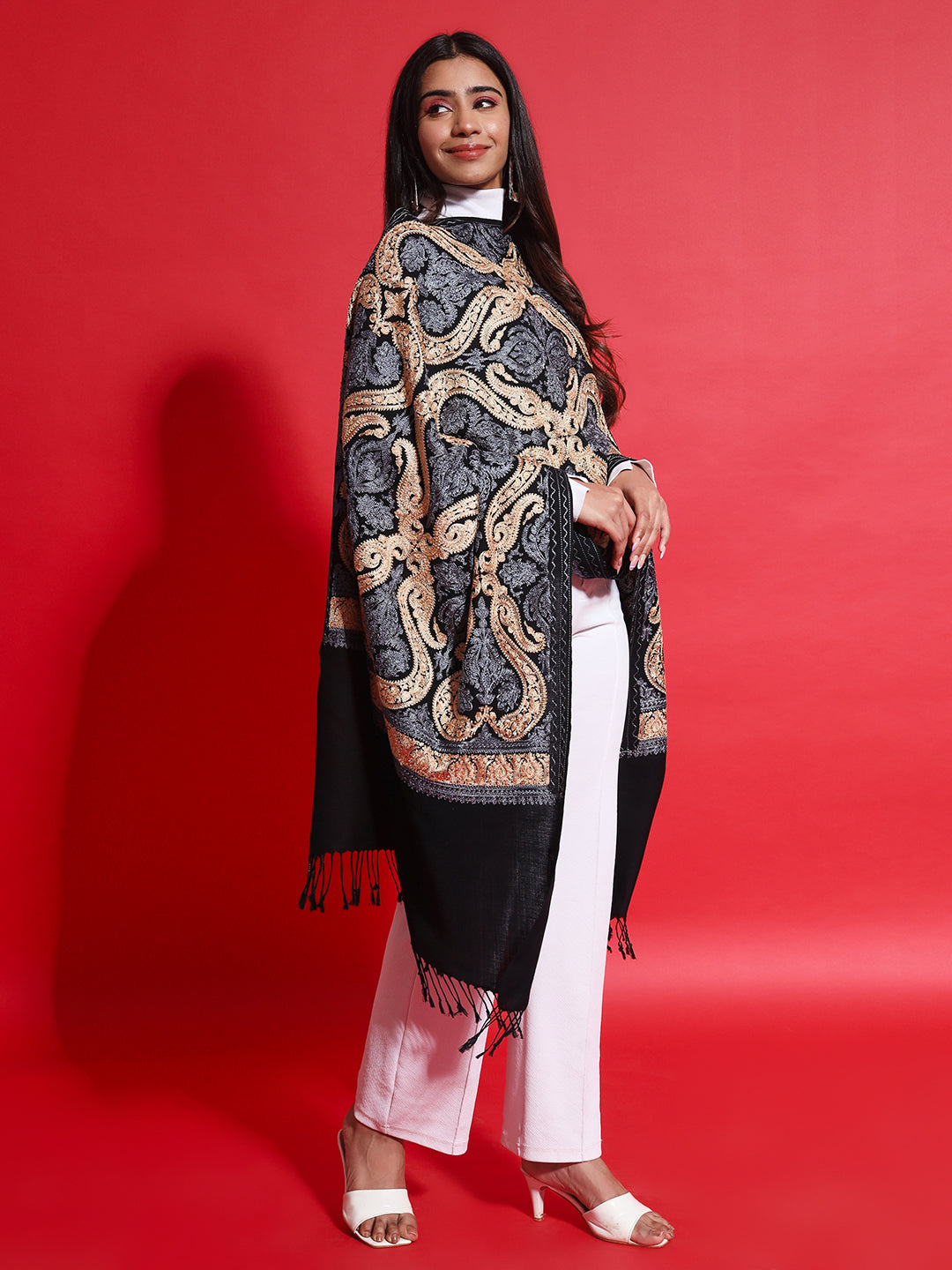 Woollen Pashmina Feel Stole in Silk Embroidery for Women | Black