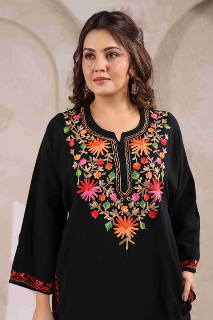 Multicolor Aari Embroidery Kashmiri Pheran | Black