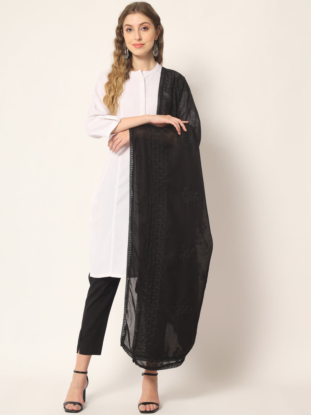Embroidered Cotton Dupatta for Women | Black