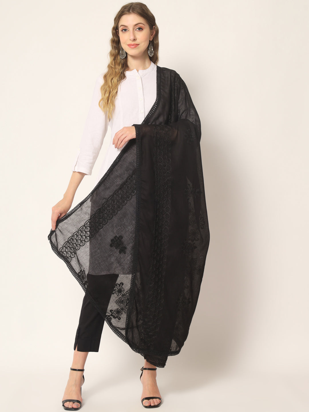 Pair of 2 Pure Cotton Embroidered Dupatta for Women | Black and White