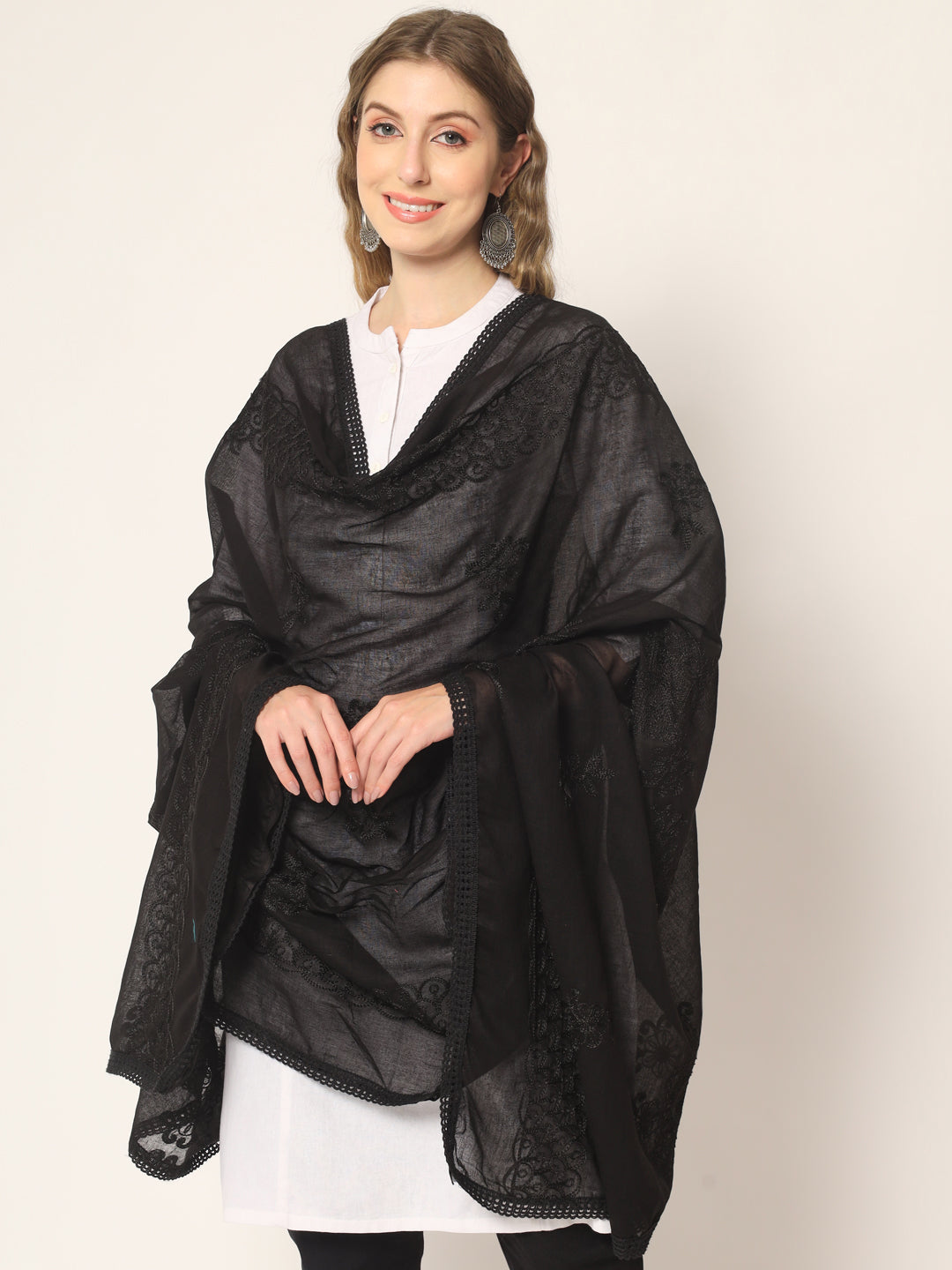 Pair of 2 Pure Cotton Embroidered Dupatta for Women | Black and White