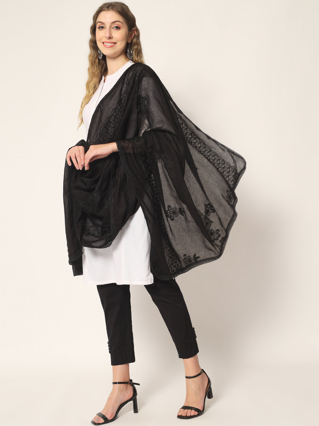 Embroidered Cotton Dupatta for Women | Black
