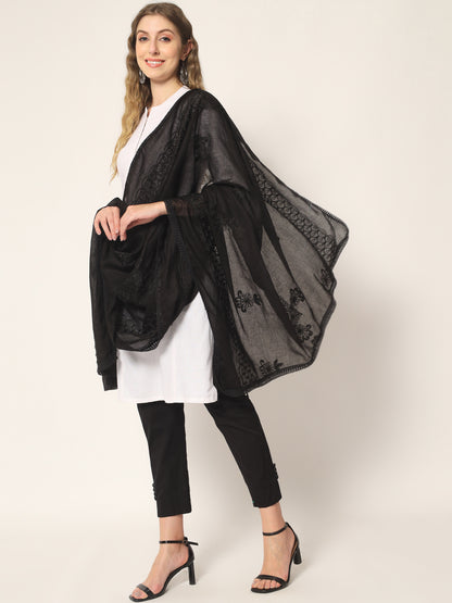 Embroidered Cotton Dupatta for Women | Black