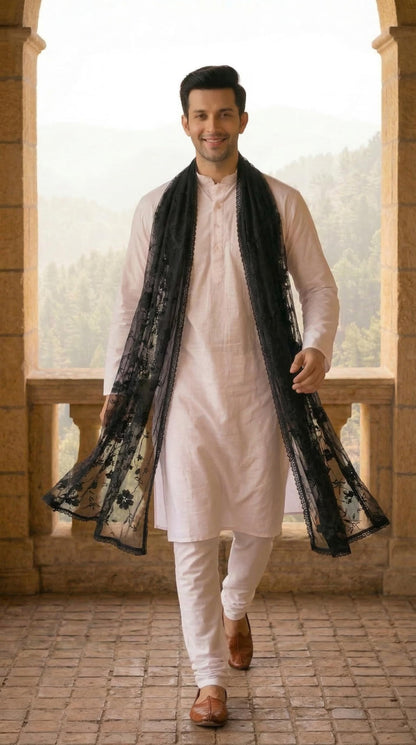 Pure Cotton Self Embroidery Dupatta for Men | Black - view 2