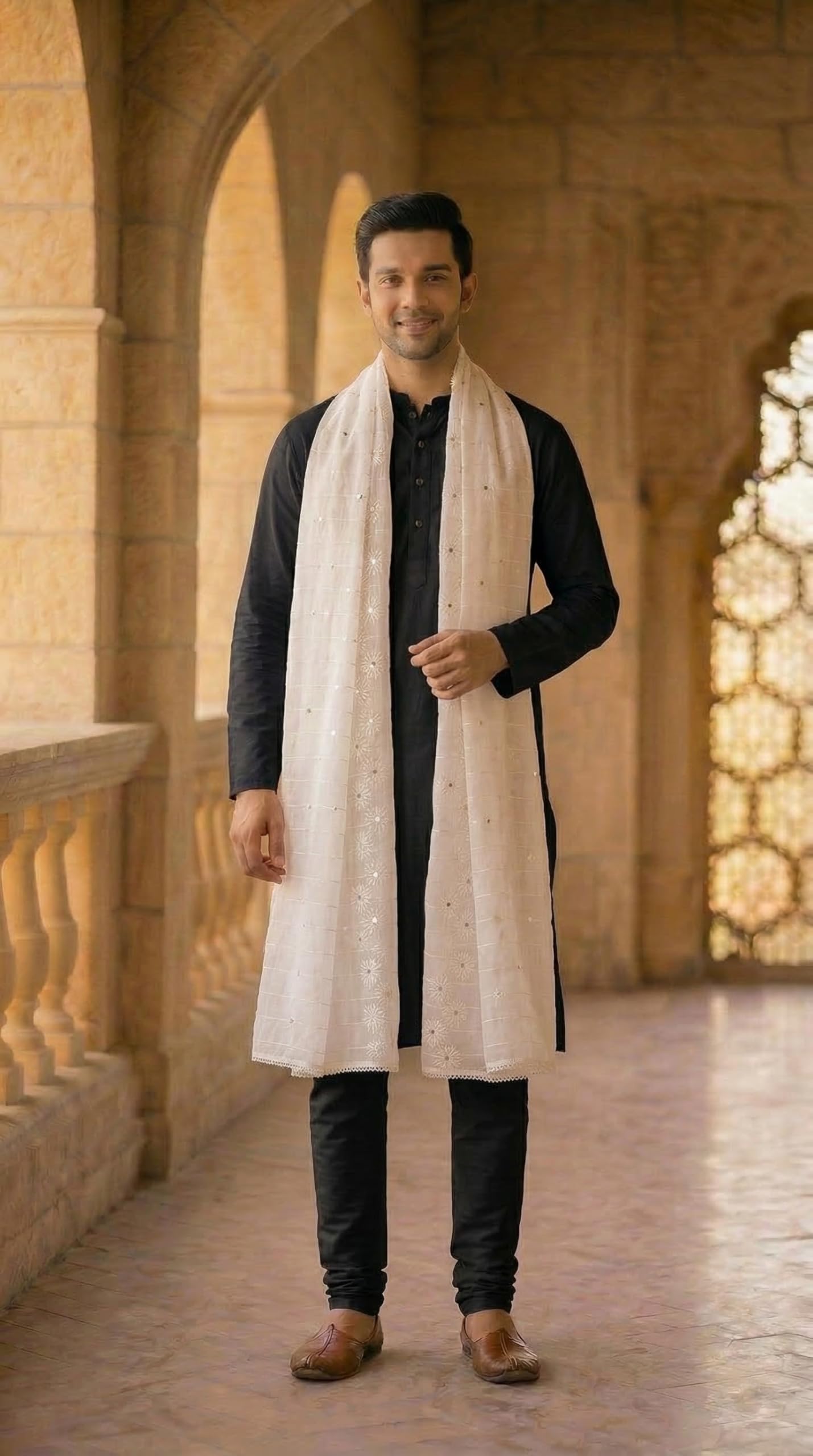 Chanderi Cotton Self Embroidery Dupatta for Men | White