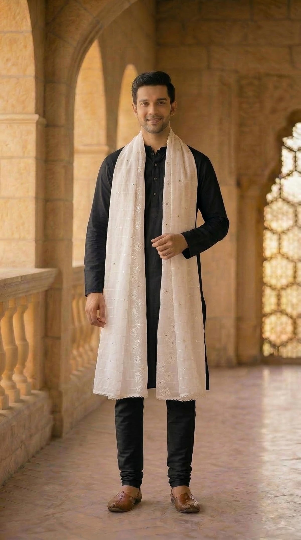 Chanderi Cotton Self Embroidery Dupatta for Men | White