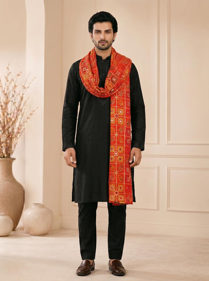 Pure Cotton Embroidered Phulkari Dupatta for Men | Red - view 2