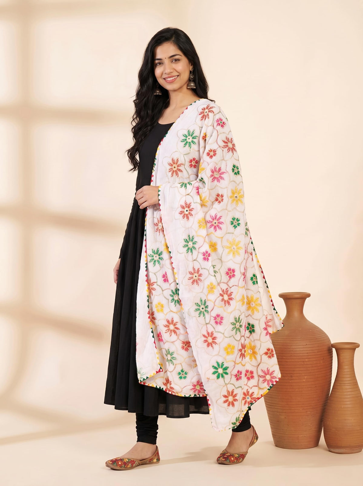 Pure Cotton Phulkari Embroidered Dupatta for Women | White - view 3