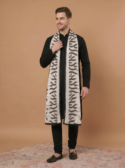 Pure Cotton Leaf Embroidery Dupatta for Men | White
