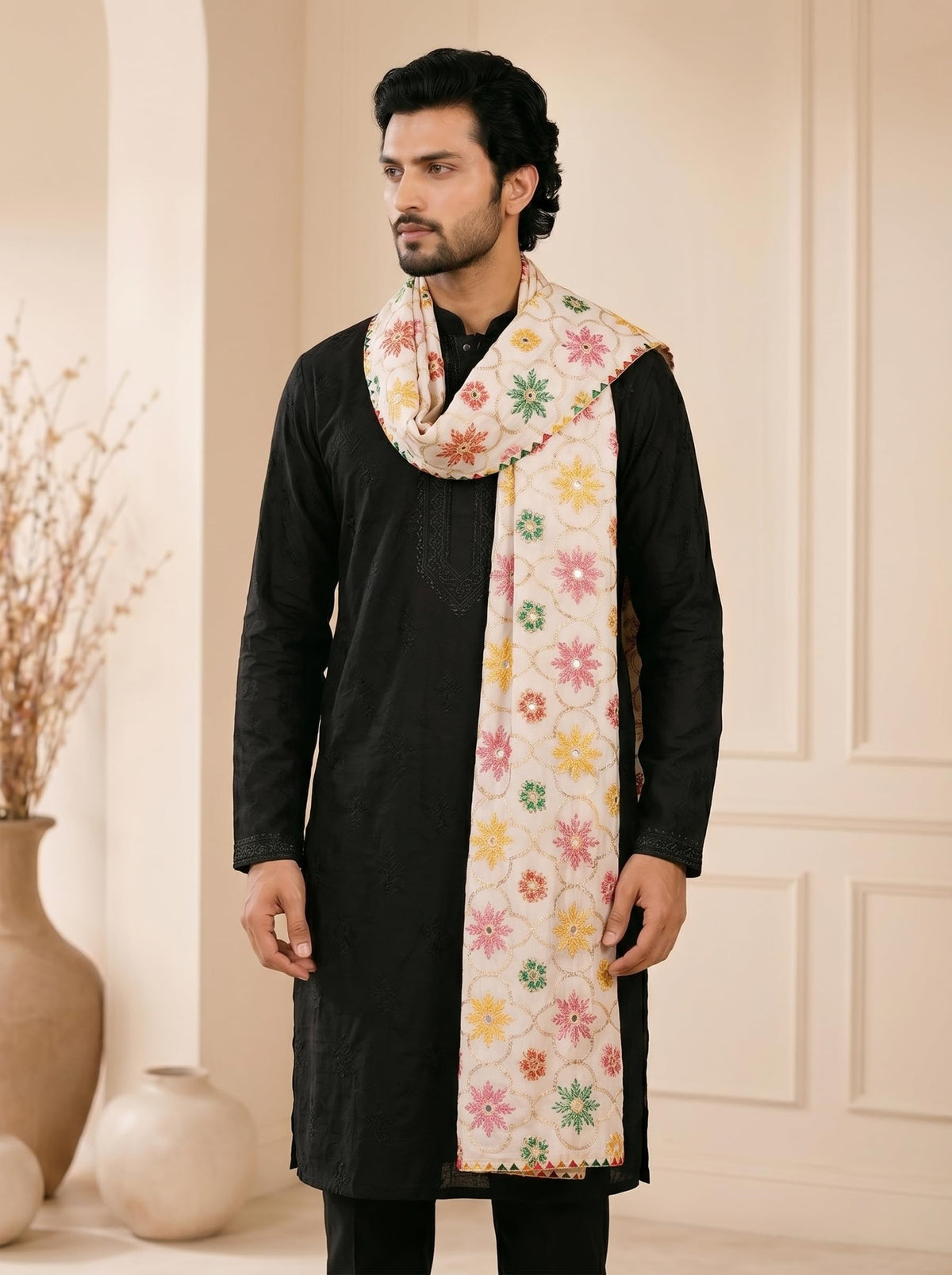 Pure Cotton Embroidered Phulkari Dupatta for Men | White - view 4