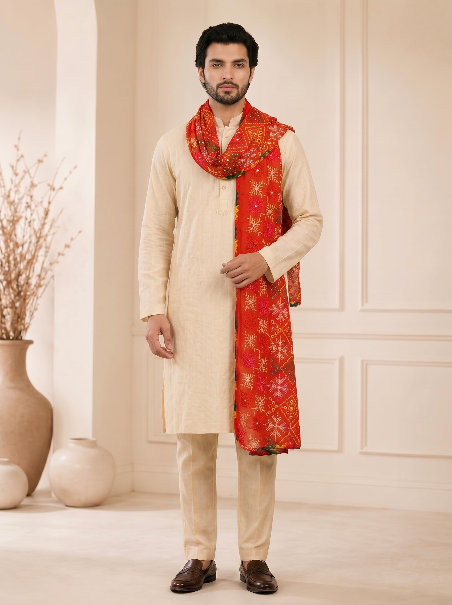Pure Cotton Embroidered Phulkari Dupatta for Men | Red - view 3