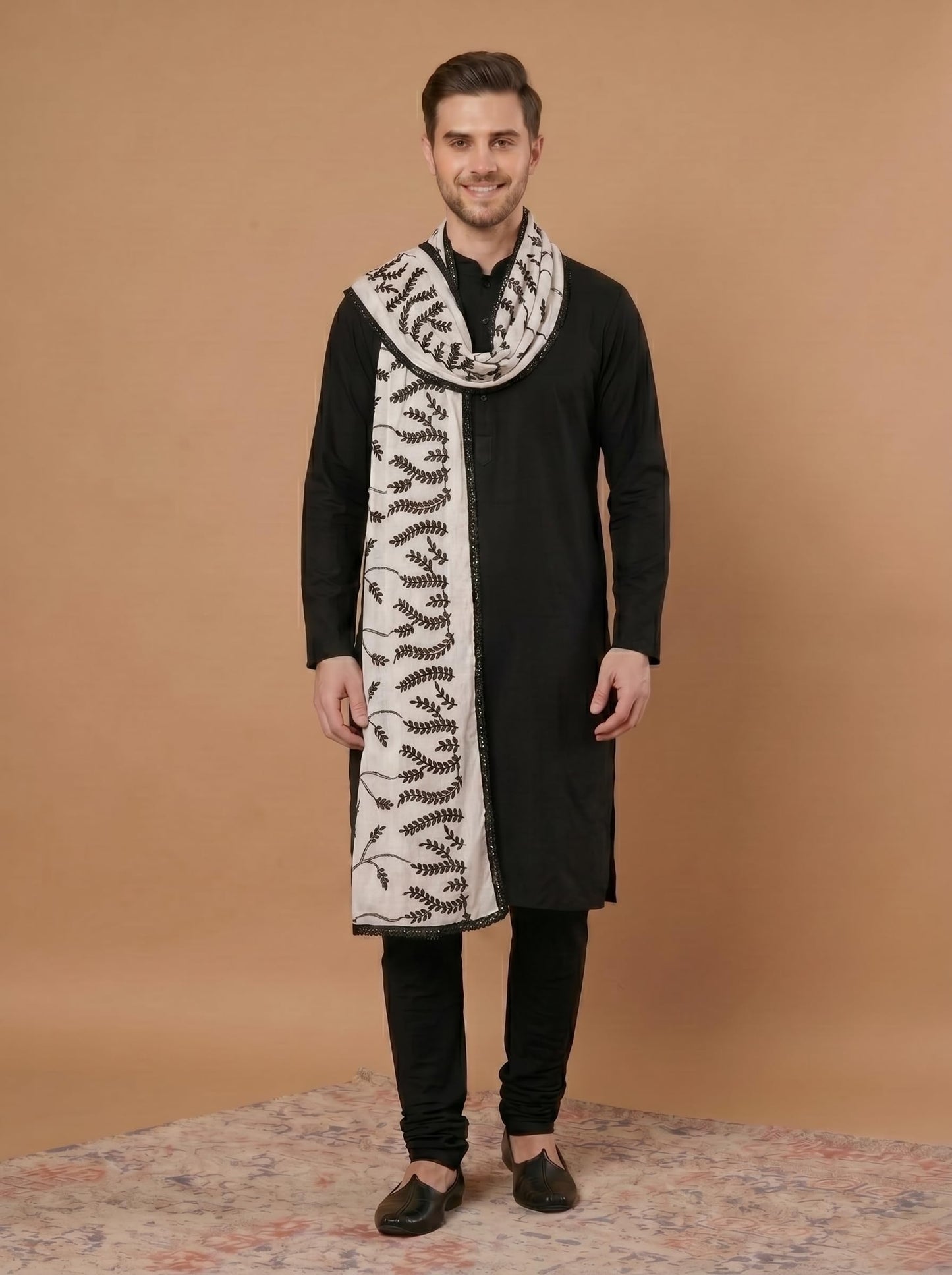 Pure Cotton Leaf Embroidery Dupatta for Men | White - view 2