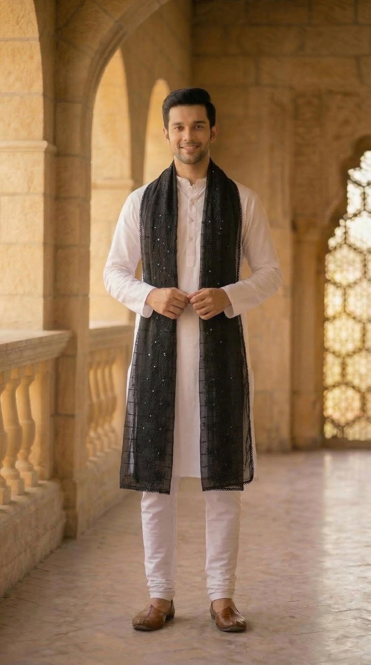 Chanderi Cotton Self Embroidery Dupatta for Men | Black