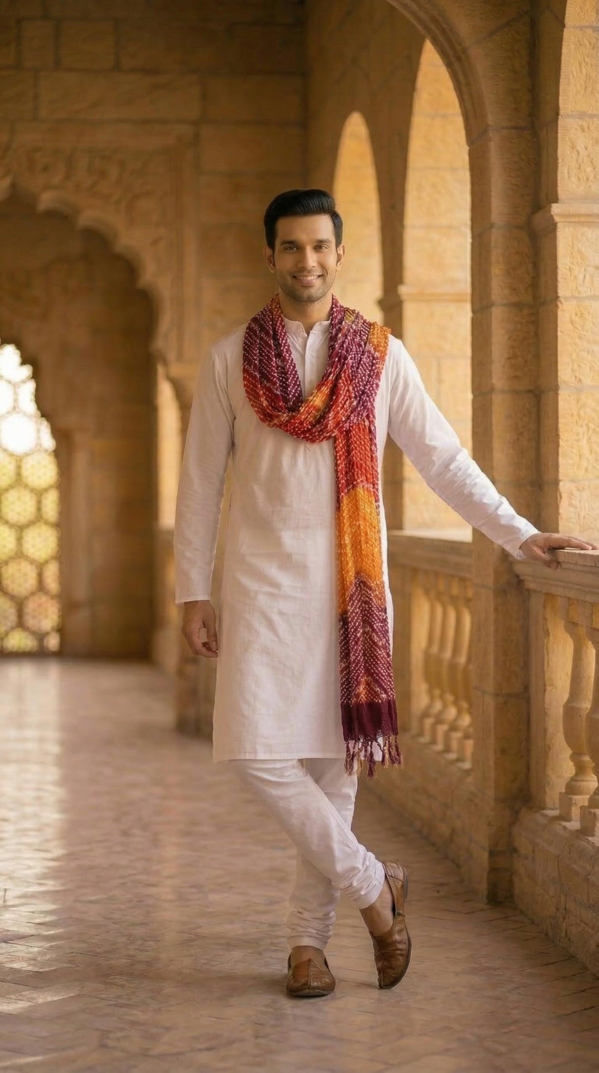 Chinnon Bandhani Dupatta for Men | Multicolor Orange - view 2