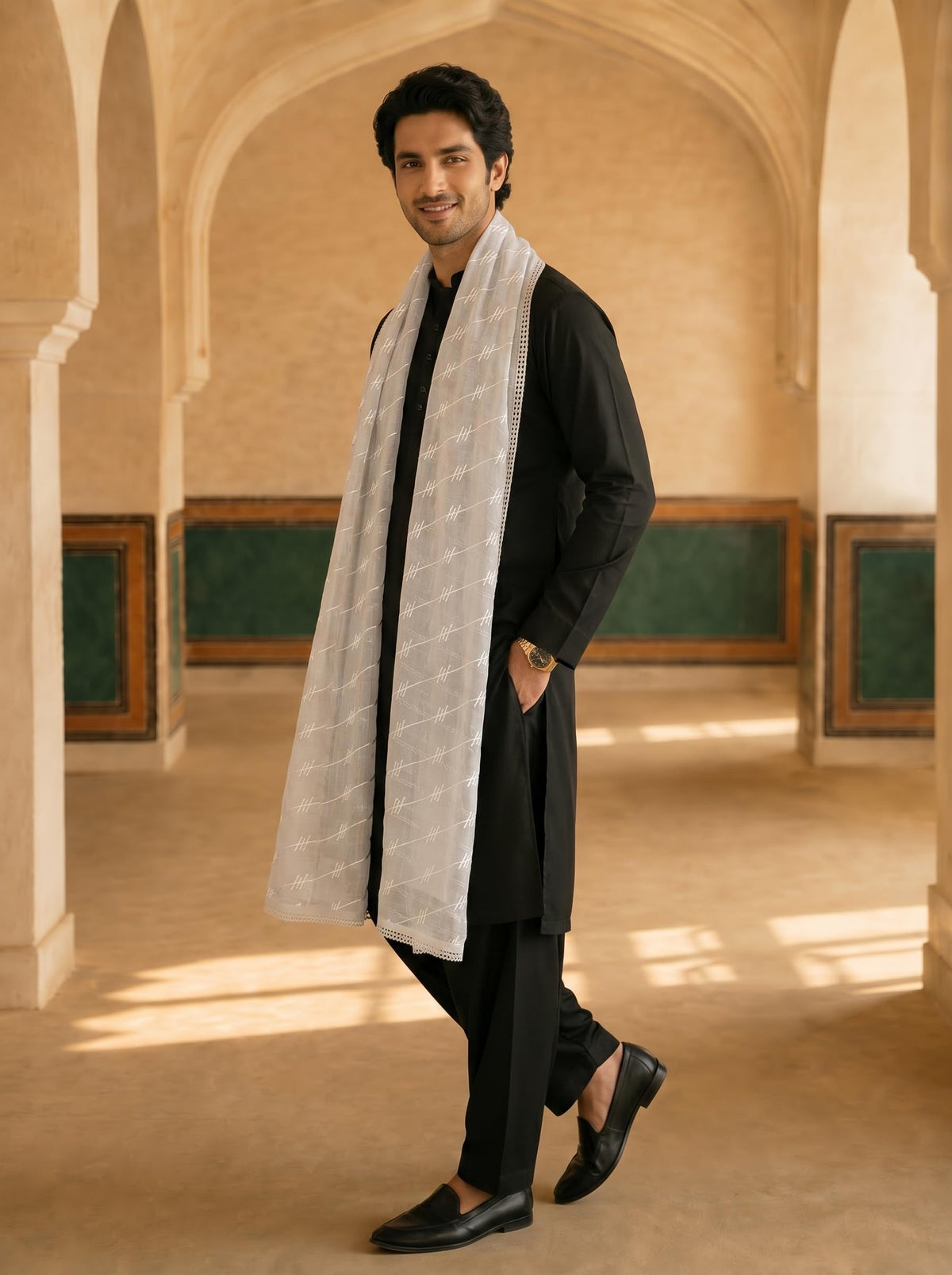 Pure Cotton Self Embroidered Stripe Dupatta for Men | White - view 3