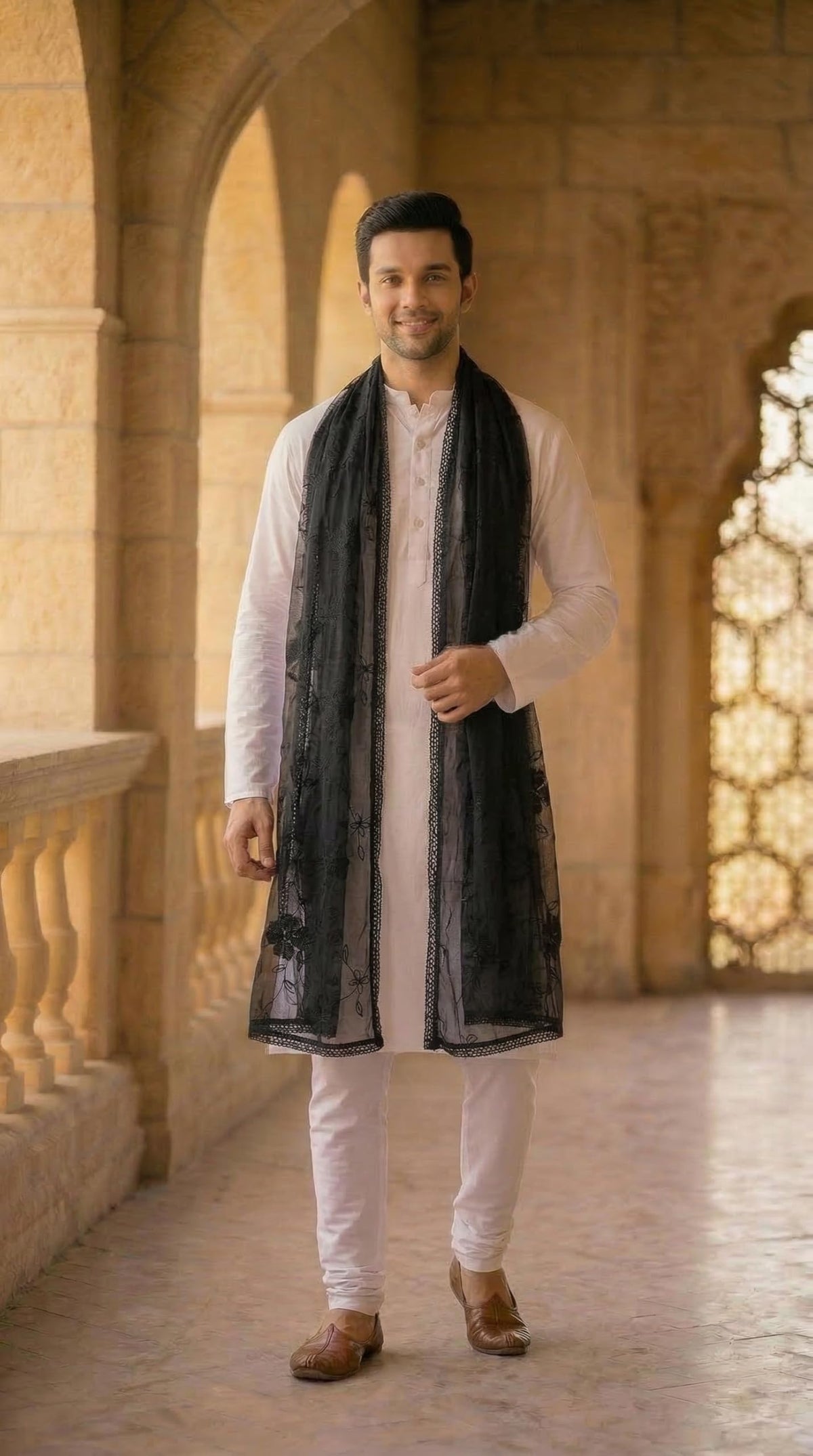 Pure Cotton Self Embroidery Dupatta for Men | Black - view 4