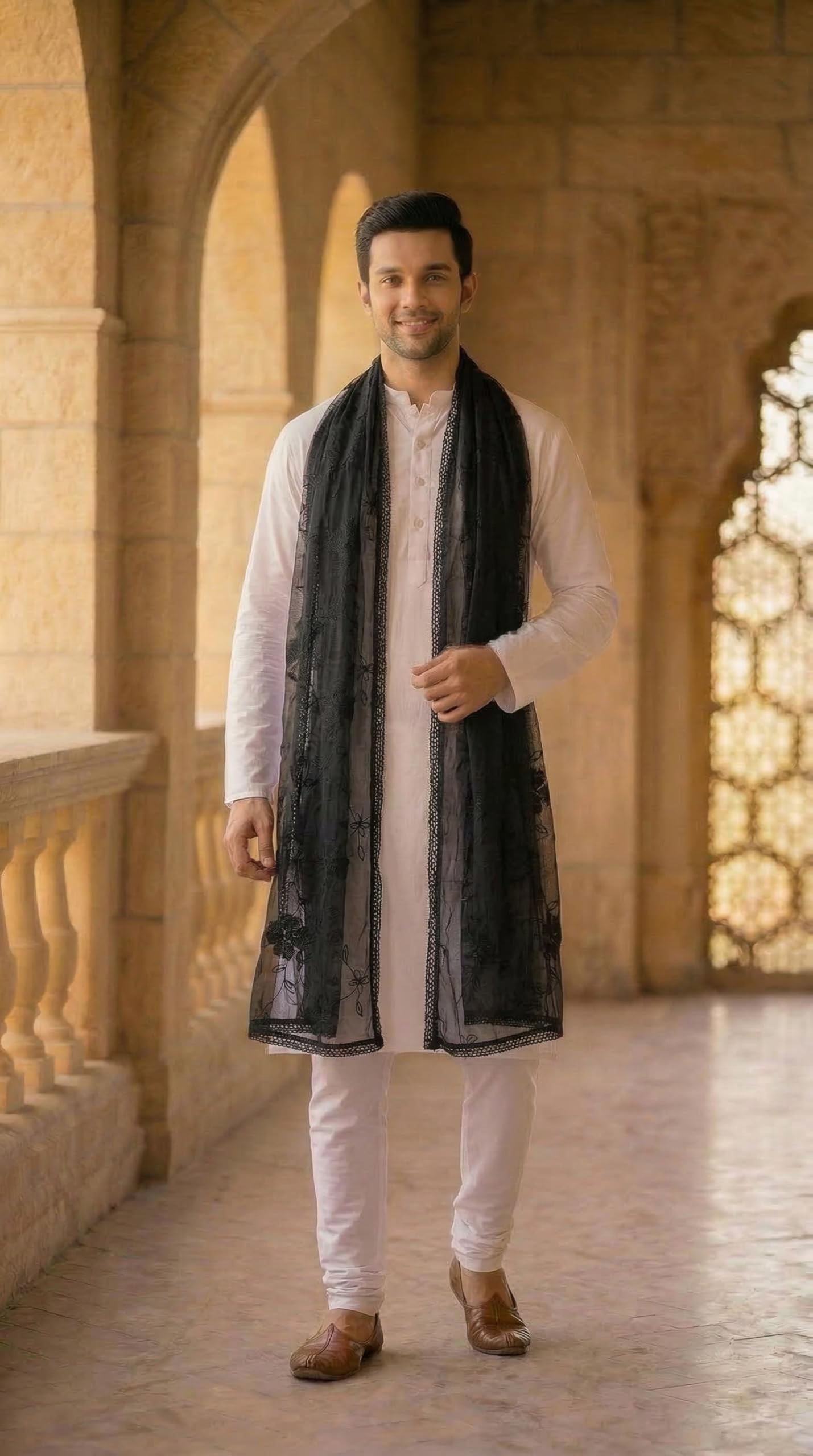 Pure Cotton Self Embroidery Dupatta for Men | Black - view 4