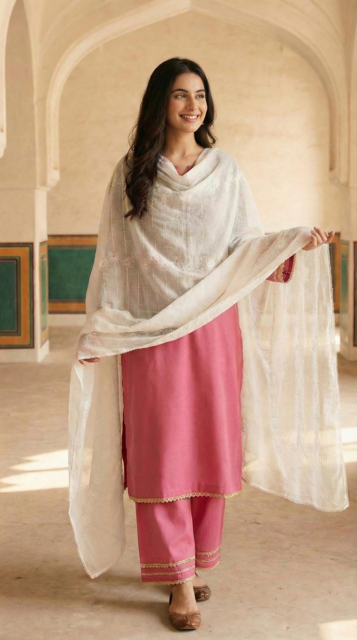 Floral Self Embroidered Chanderi Cotton Dupatta for Women | White - view 6