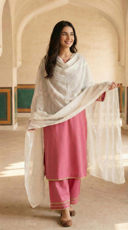 Floral Self Embroidered Chanderi Cotton Dupatta for Women | White - view 6