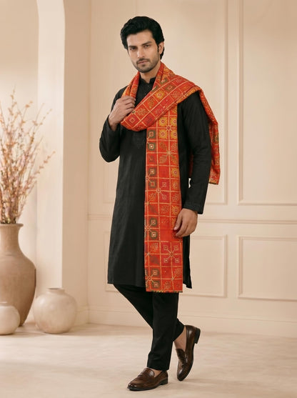 Pure Cotton Embroidered Phulkari Dupatta for Men | Red - view 3