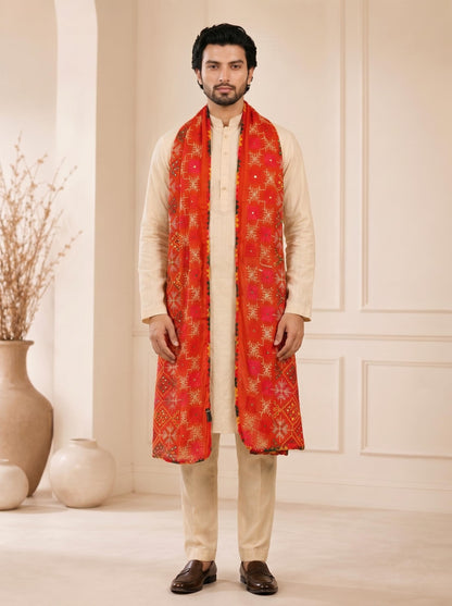Pure Cotton Embroidered Phulkari Dupatta for Men | Red - view 2