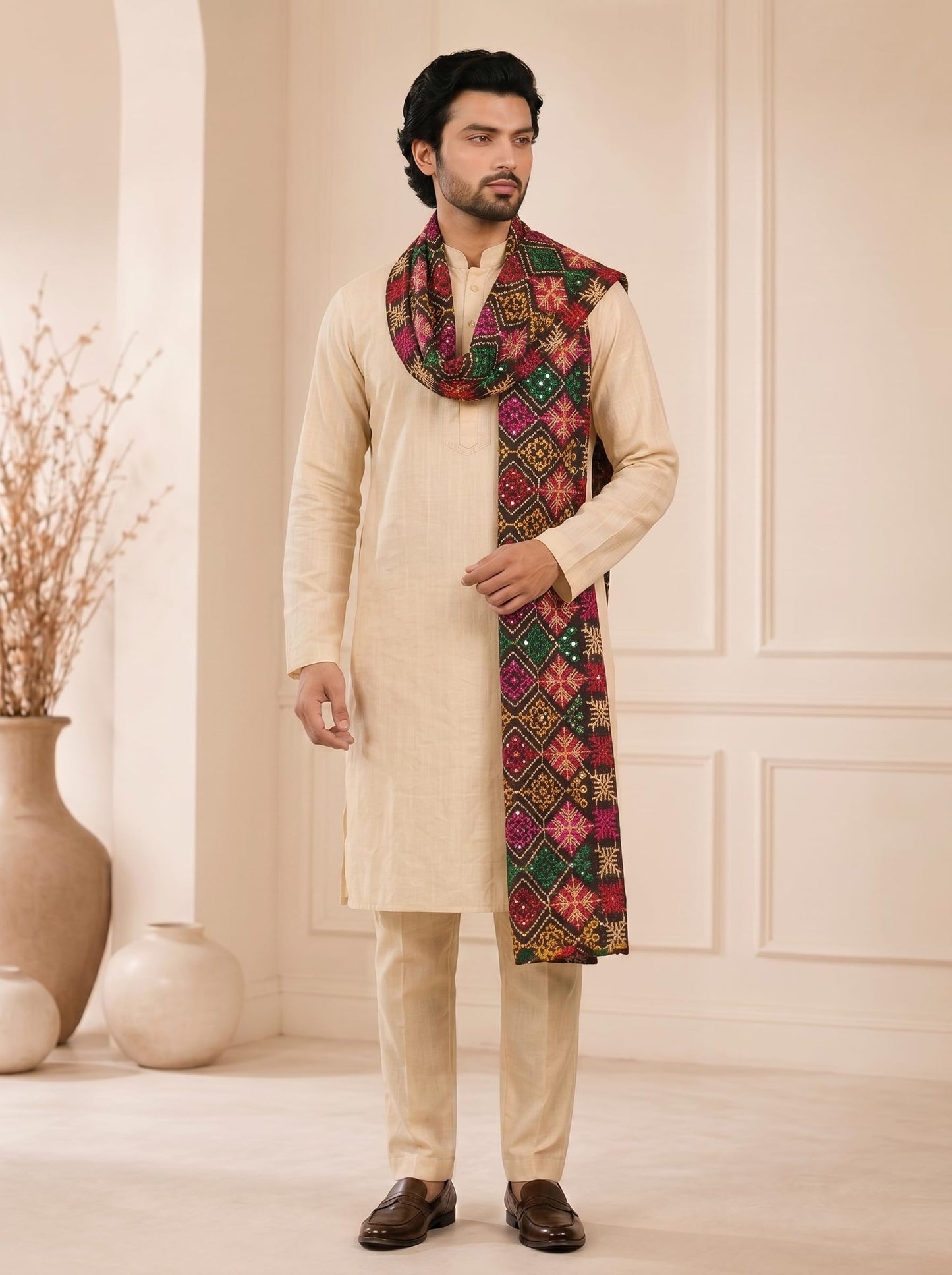 Pure Cotton Embroidered Phulkari Dupatta for Men | Black - view 3