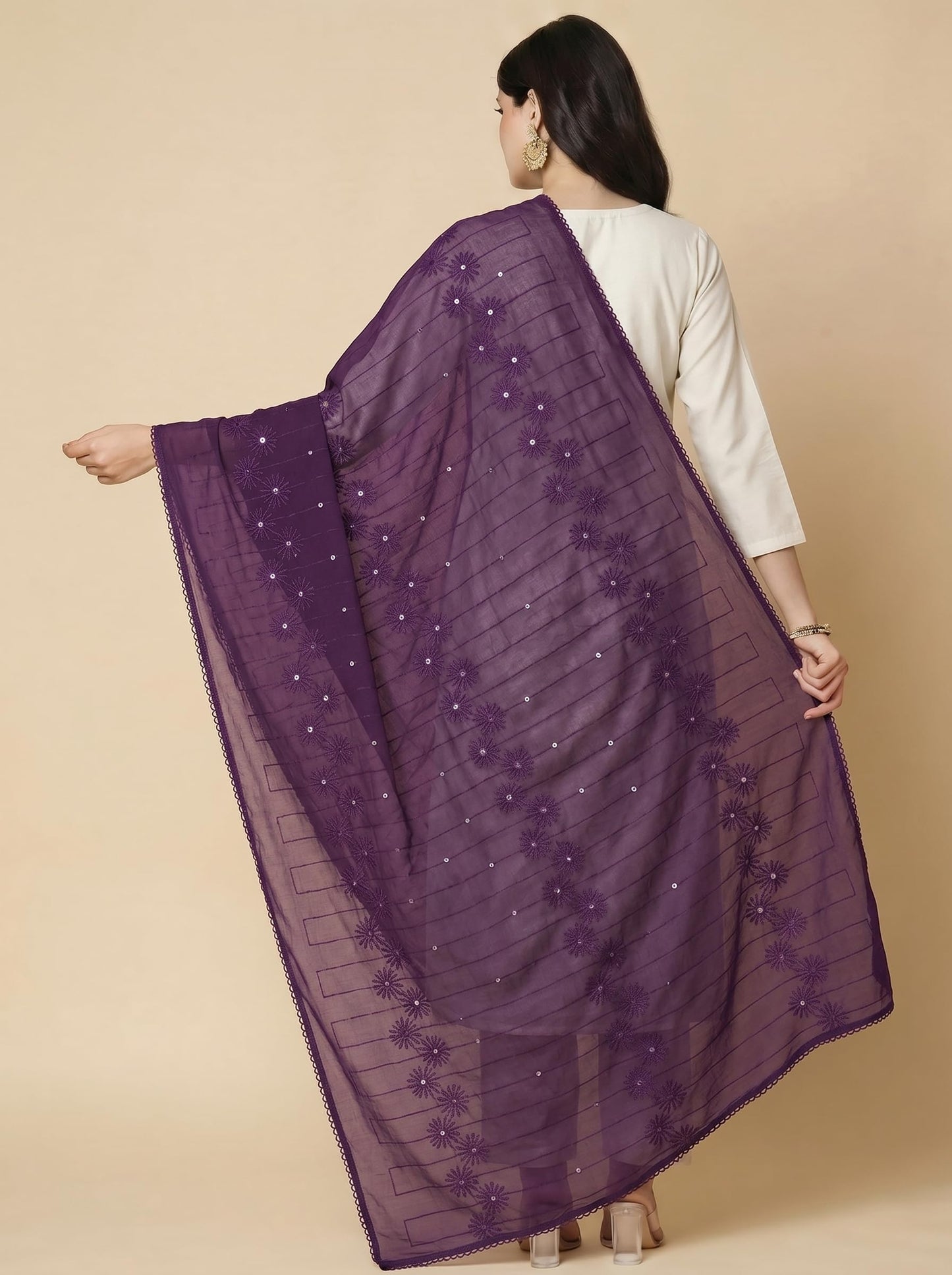 Floral Self Embroidered Chanderi Cotton Dupatta for Women | Purple