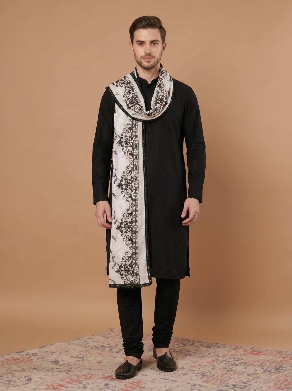 Pure Cotton Floral Embroidery Dupatta for Men | White - view 3
