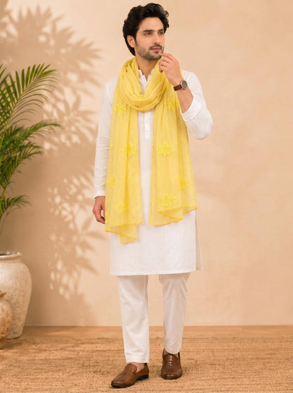 Self Floral Embroidery Chanderi Cotton Dupatta for Men | Yellow