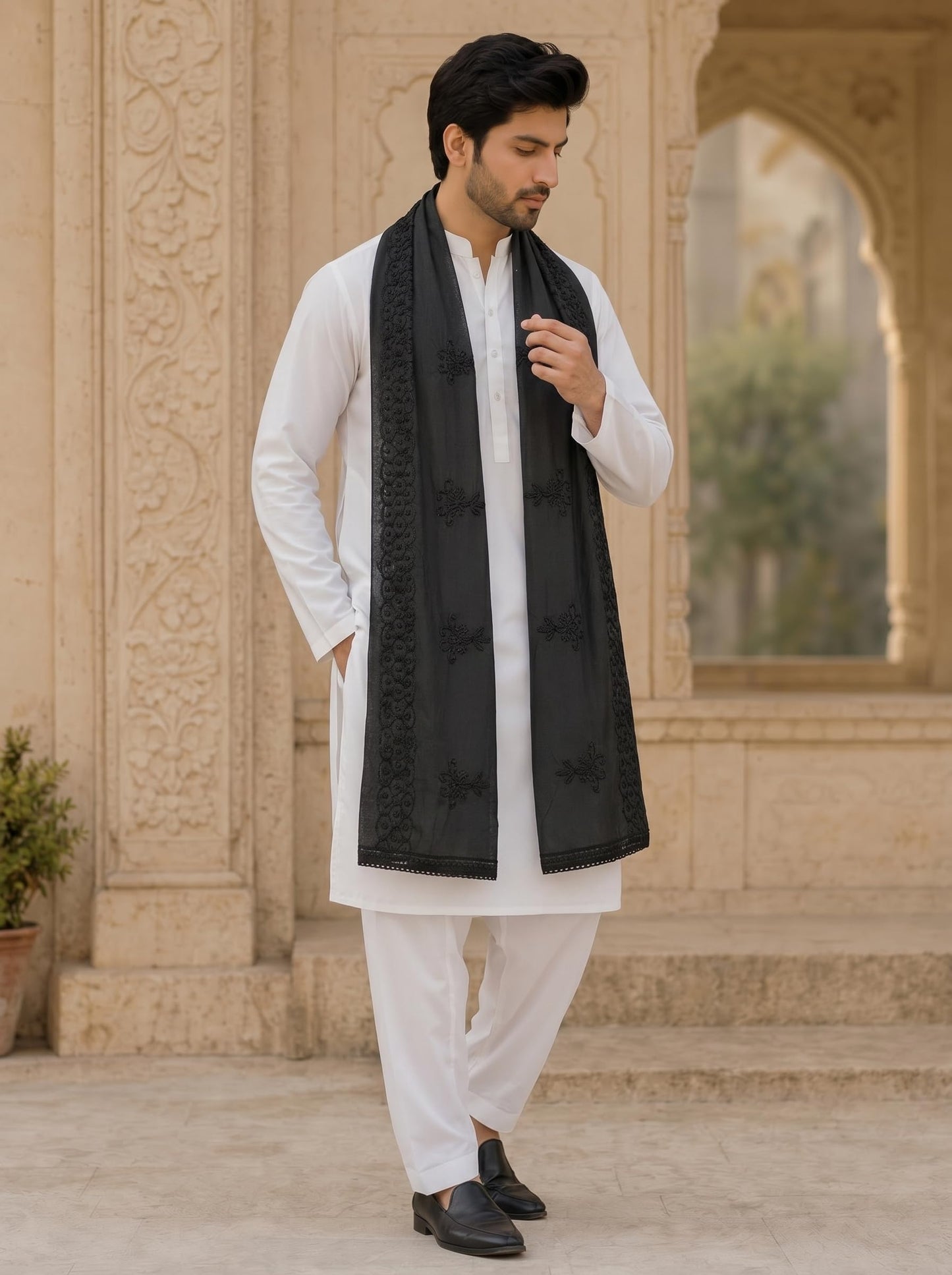 Pure Cotton Self Embroidered Dupatta for Men | Black - view 2