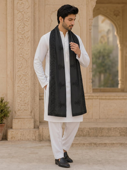 Pure Cotton Self Embroidered Dupatta for Men | Black - view 2