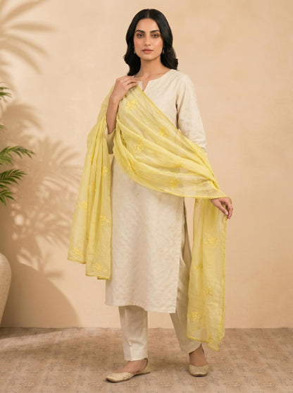 Self Floral Embroidery Chanderi Cotton Dupatta for Women | Yellow - view 4