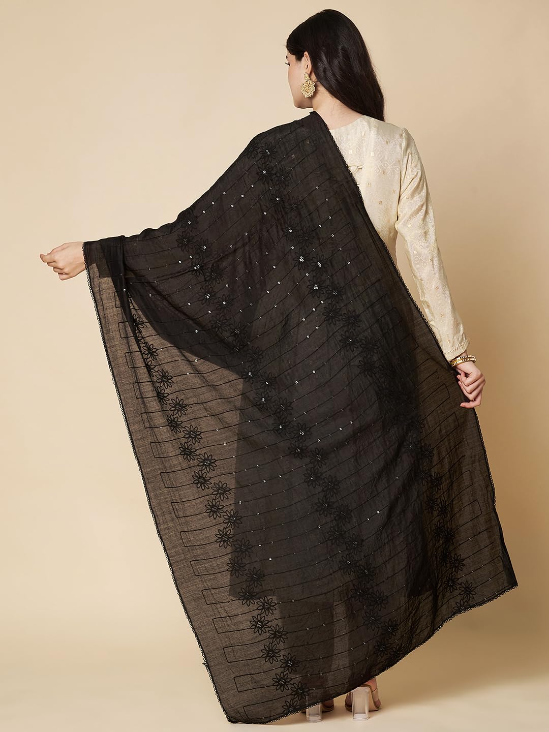 Floral Self Embroidered Chanderi Cotton Dupatta for Women | Black - view 2
