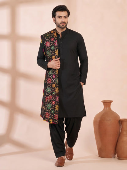 Pure Cotton Embroidered Phulkari Dupatta for Men | Black - view 3