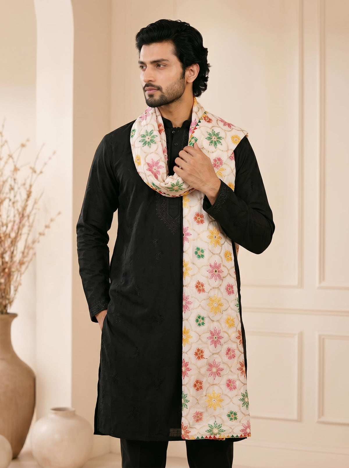 Pure Cotton Embroidered Phulkari Dupatta for Men | White - view 3