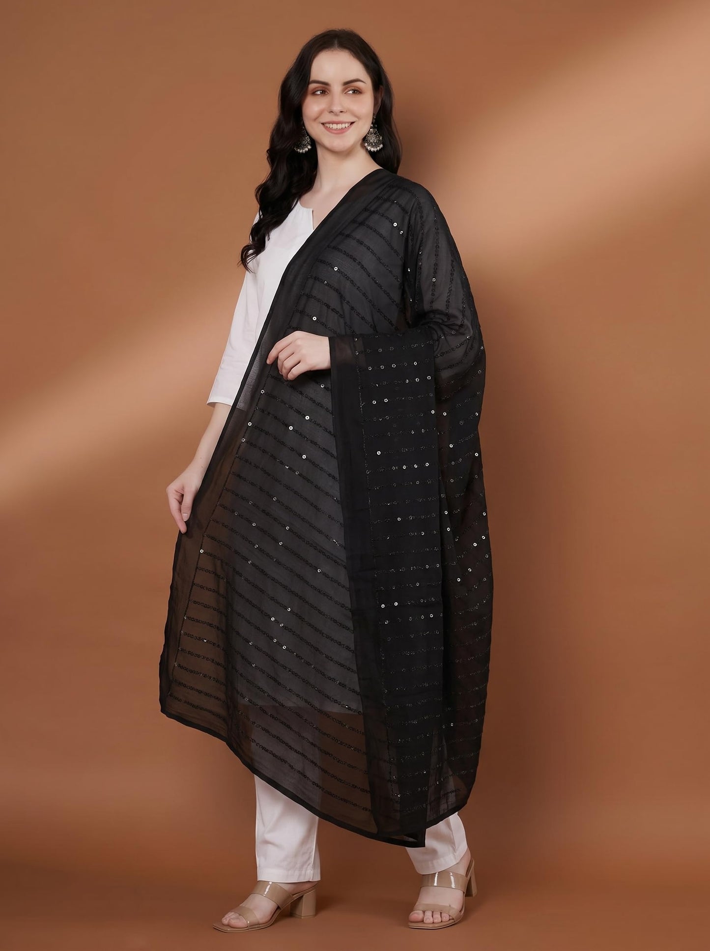 Pure Cotton Embroidered Dupatta for Women with Sequin | Black