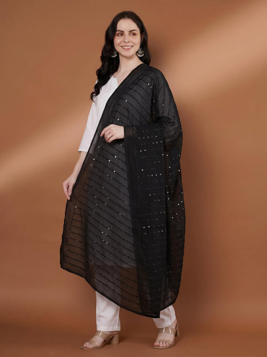 Pure Cotton Embroidered Dupatta for Women with Sequin | Black