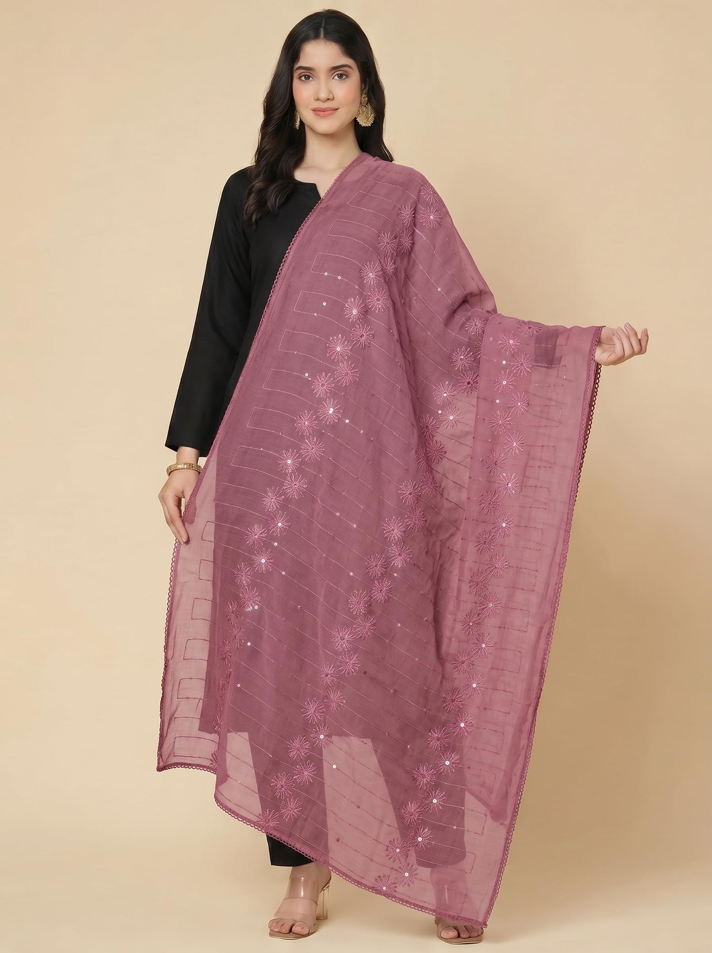 Floral Self Embroidered Chanderi Cotton Dupatta for Women | Dusty Pink