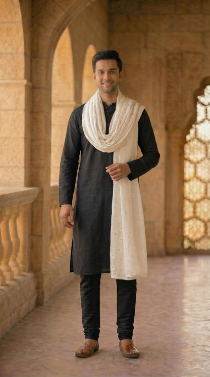 Chanderi Cotton Self Embroidery Dupatta for Men | White - view 2
