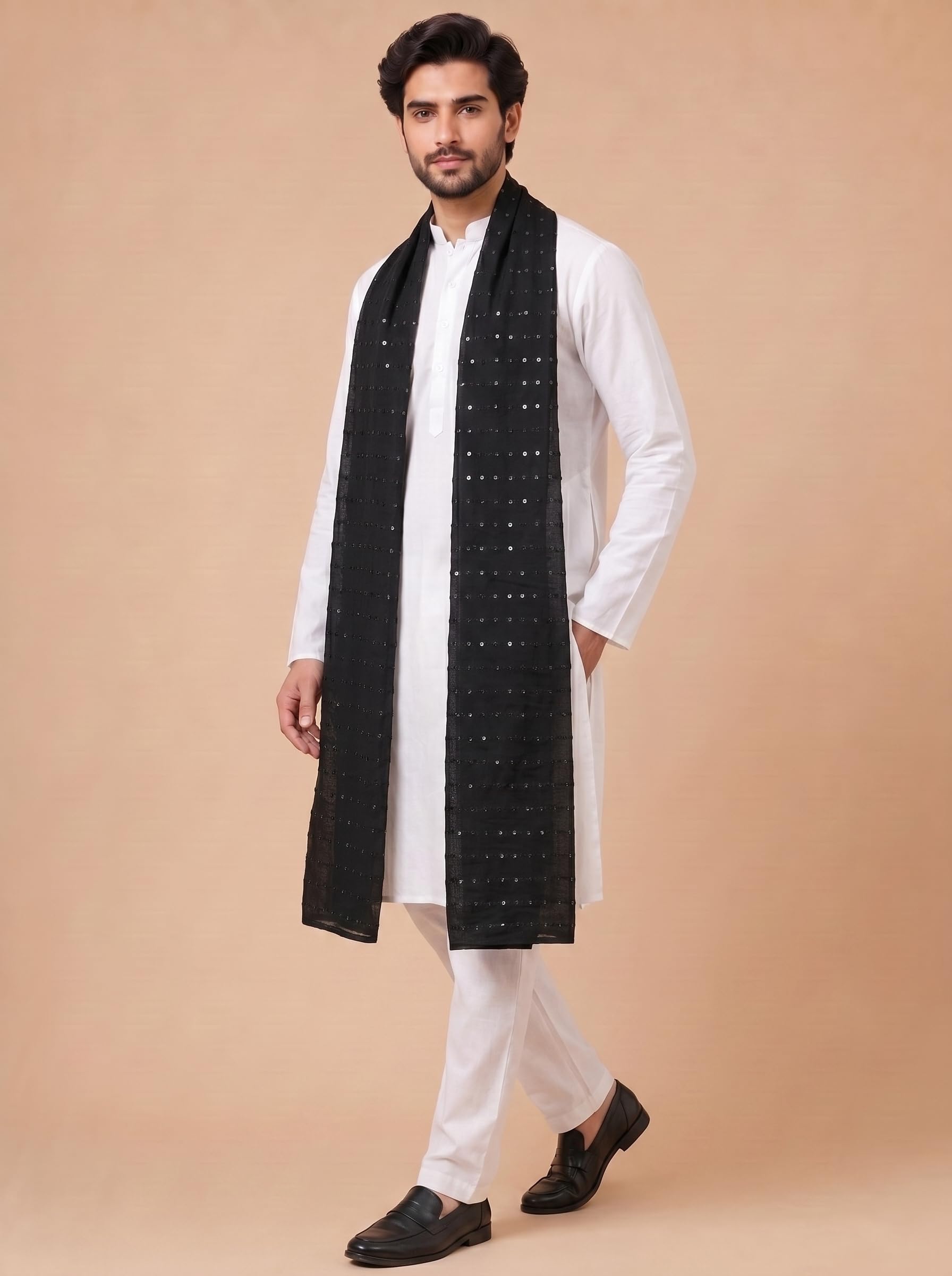 Pure Cotton Embroidered Dupatta for Men with Sequin | Black - view 2