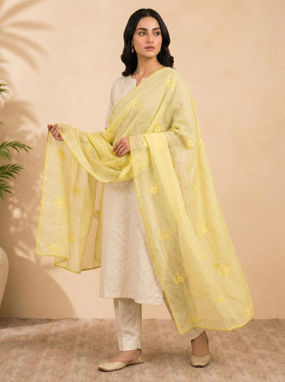 Self Floral Embroidery Chanderi Cotton Dupatta for Women | Yellow - view 3