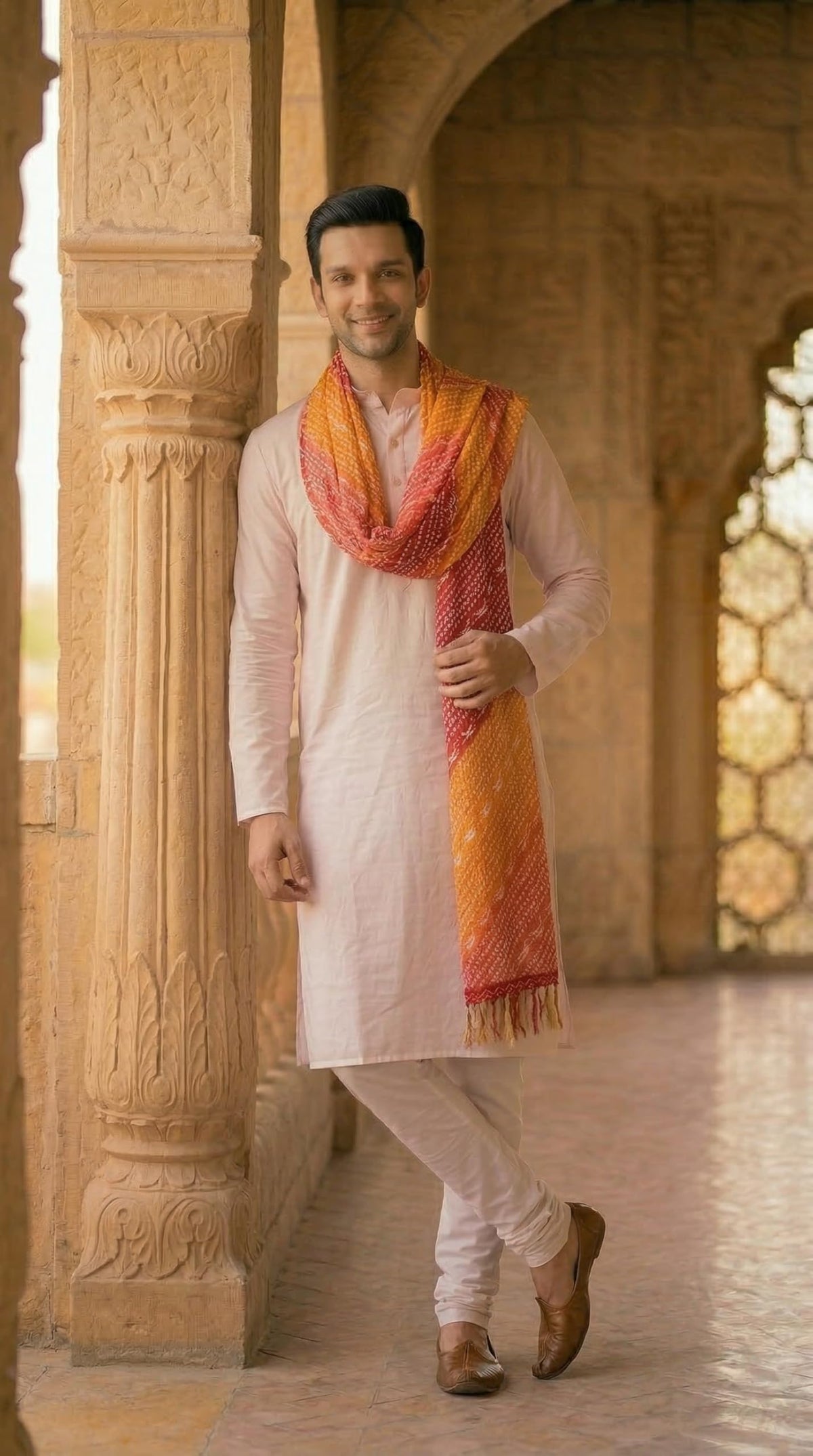 Chinnon Bandhani Dupatta for Men | Red Orange - view 3